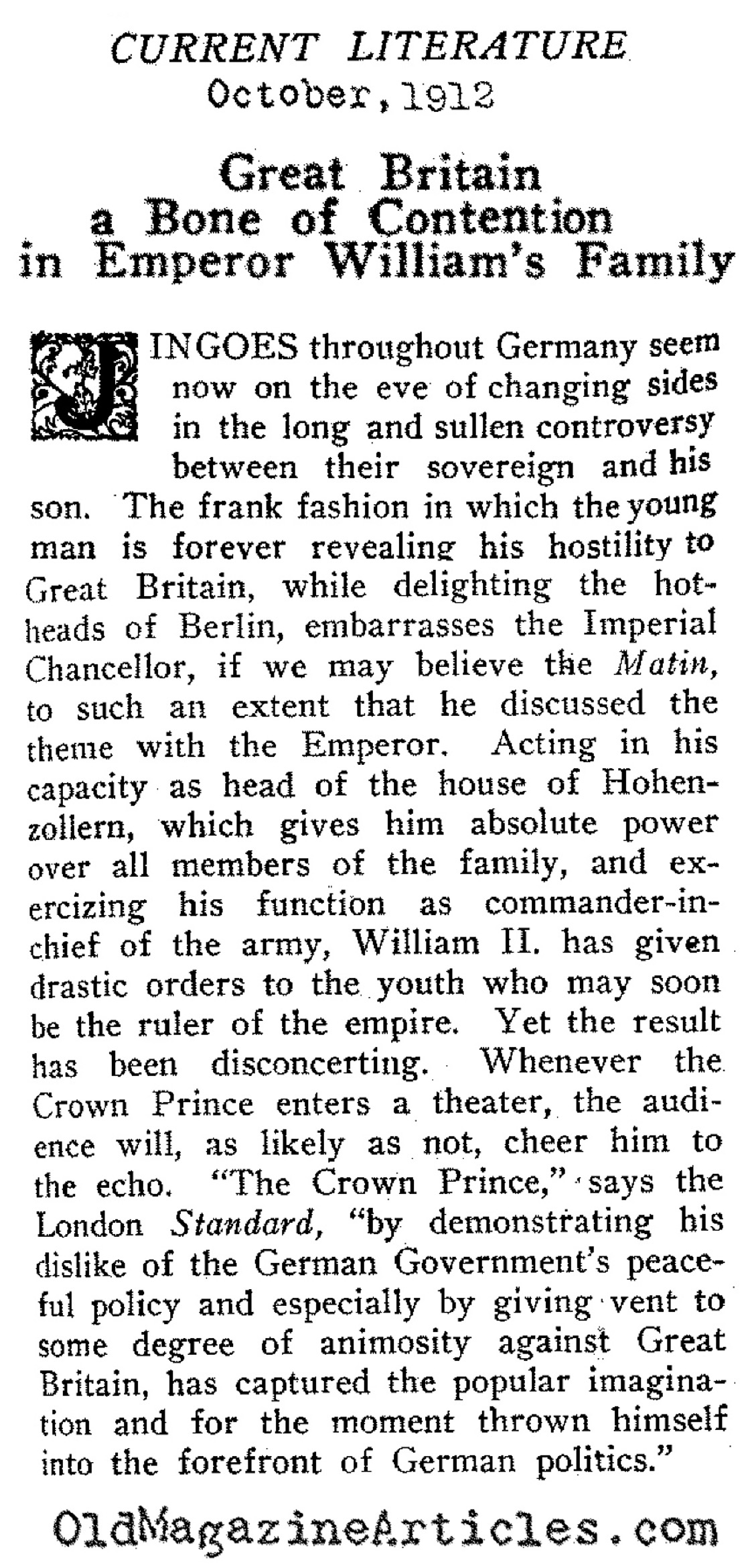 The Crown Prince: Saber Rattler  (Current Literature, 1912)